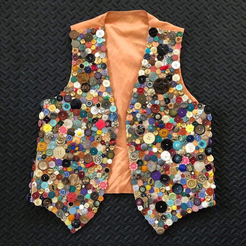 HANDMADE ONE OF A KIND WEARABLE ART VEST HEAVILY EMBELLISHED W VINTAGE BUTTONS